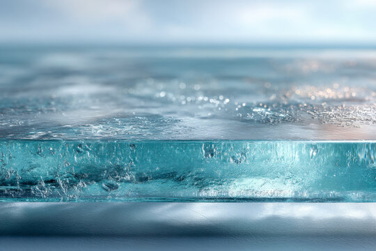 Macro cross-section of a thick clear ice block with frozen bubbles and sparkling sunlight bokeh background