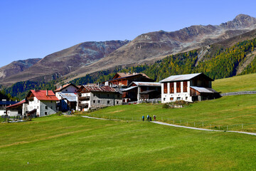 Blick über alpine Bergwiesen auf den kleinen Weiler Melag im herbstlichen Langtauferer Tal in Südtirol © Ilhan Balta