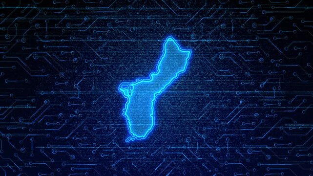 4K Resolution, Guam Country Digital Electric Futuristic Technology Map, Suitable for Tech events, Science, Politics, Elections, News and Sports Events