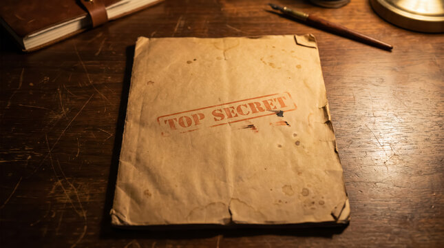 Old paper folder with a top secret stamp on a wooden desk with vintage items and a pen