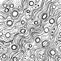 Fototapeta premium Black and white illustration features wavy lines and circles on a pattern
