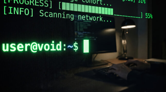 Closeup of a computer screen displaying hacking or cybersecurity command line interface with green text