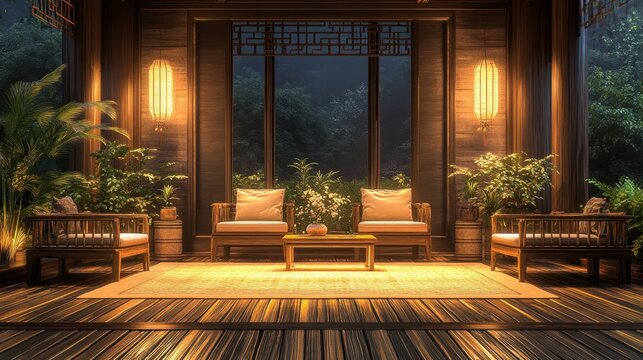 Cozy Oriental-style veranda with seating and lush greenery