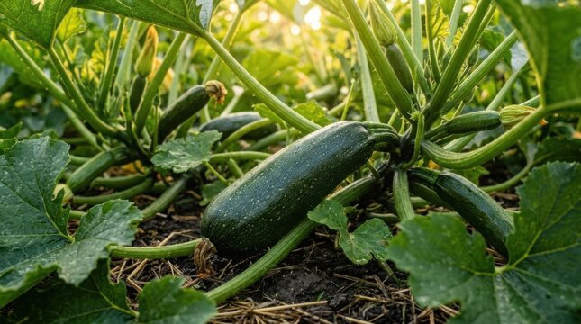 Organic zucchini plants growing in vegetable patch