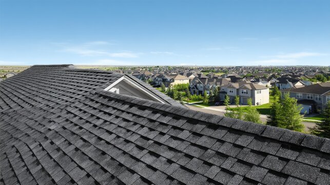 Residential roof with asphalt shingles and suburban houses under blue sky