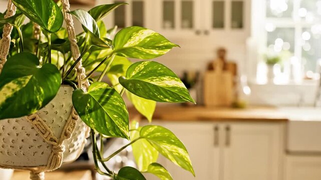 A bright kitchen interior with a plant in a macrame hanger