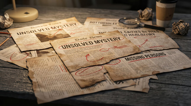 Collection of vintage newspapers with headlines about unsolved mysteries and missing persons on a wooden table