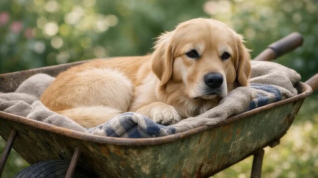 A dog with light, soft fur sleeps curled up in an old wheelbarrow in the garden, blinking its eyes curiously.