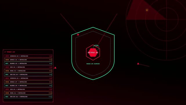 A complex AI integration process unfolds through a digital interface showing automated threat detection protocols as data points move across a dark cyberspace security warning display