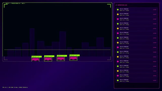 Innovative AI Integration displayed on a digital interface showing automated vehicle detection tracking metrics across multiple monitoring panels. For efficient real-time traffic control operations.
