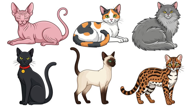 Colorful cat breeds, feline illustrations, six cats, vector icons, pets, animals