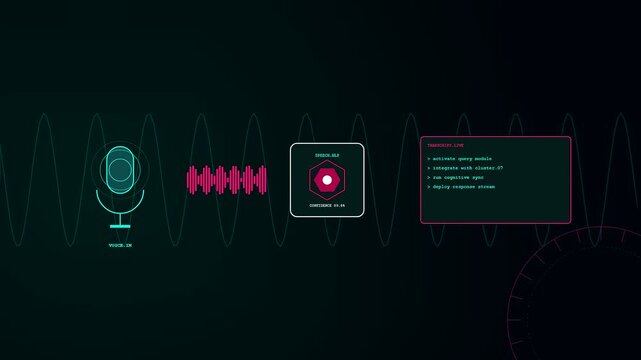Sophisticated AI Integration displaying complex voice data processing while animated waveform signals evolve across a dark digital interface. Represents advanced machine learning functionality.