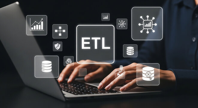 ETL Data Processing with Laptop and Icons: A close-up of hands typing on a laptop, surrounded by glowing digital icons representing data processing and ETL (Extract, Transform, Load).