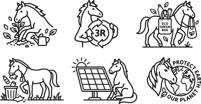 Set of black and white line art illustrations featuring horses engaging in various eco friendly activities to protect the earth