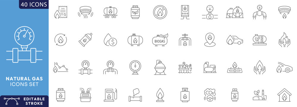 natural gas icon set. Outline Icon Collection. Fully Editable. Vector illustration.