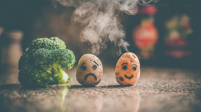 Broccoli and egg characters concept illustration with vapor effects