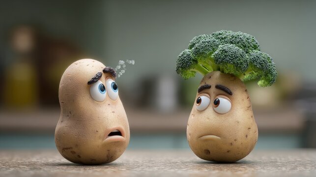 Animated potato characters with sad expressions and broccoli hair