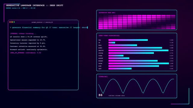 Sophisticated AI Integration displaying real-time data streaming analytics within a digital terminal. Showcases complex algorithmic computations and network performance metrics in dynamic motion.