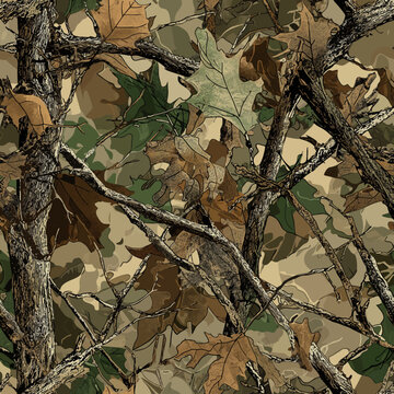 Chaotic real tree hunting camouflage seamless pattern with intertwined branches and woodland leaves, messy organic hunting camo design ideal for hunting gear and tactical gear, 300 dpi, 8k high resolu