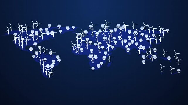 Global sustainable energy on world map with wind solar power