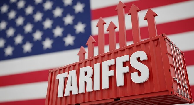 Import tariffs shipping container features bold white text and upward growth arrows against a patriotic flag backdrop. Sharp focus highlights the texture. Ideal for financial news marketing.