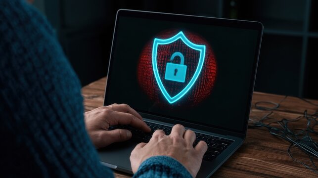 Cybersecurity concept with digital lock shield icon on laptop screen protecting personal data from hacking and unauthorized access in dark room environment