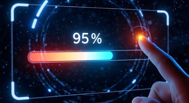 Progress bar reaching 95 percent on a futuristic digital display with sharp focus and cinematic lighting. Ideal for cyber security and information technology marketing.