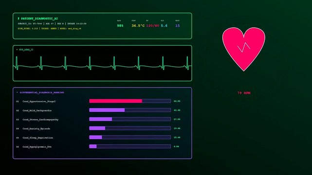 A complex AI integration process displays real time patient health monitoring data with animated heart rate waveforms and diagnostic medical probability metrics on a dark digital interface