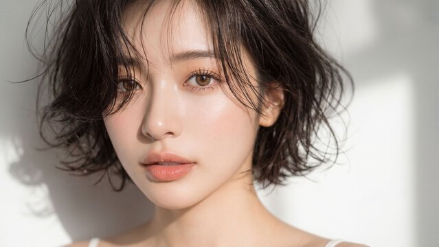 やわらかな自然光が差し込む白背景の室内で、濡れ感のあるショートヘアと透明感のある素肌を印象的に見せた若い女性のビューティーポートレート。視線をまっすぐ向けた繊細で洗練された表情が、美容、スキンケア、ヘアスタイル、メイク、サロン、化粧品広告に使いやすい上質で都会的な人物素材