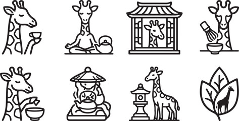 Naklejka premium Collection of linear icons featuring cute giraffes engaging in traditional japanese tea ceremonies and relaxing in various tranquil garden settings