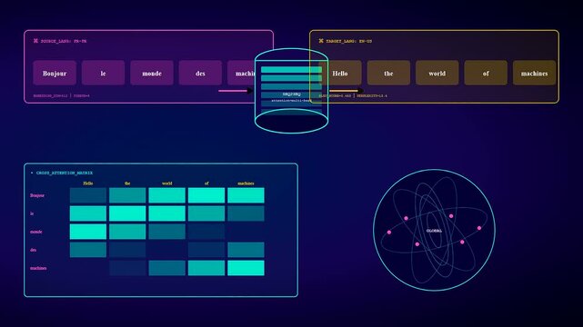 A digital AI Integration Process sequence shows machine translation evolving as words appear and data flows through a luminous cross attention matrix on dark blue background