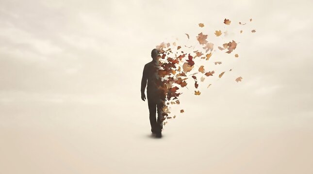 Silhouette of a Person Dissolving into Autumn Leaves Change Concept 
