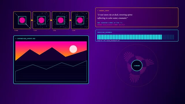 Digital AI Integration dashboard displaying machine learning progress. Colorful abstract geometric landscapes emerge from chaotic data particles on a sleek virtual monitor interface background.