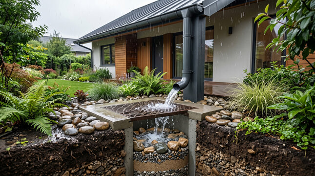 Realistic 3D cross-section illustration of rainwater flowing from a roof downspout into an underground infiltration well with gravel layers in a residential garden during heavy rain, stormwater manage
