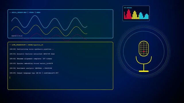 Detailed AI Integration Process visualization displaying glowing waveform data and synthetic voice logs evolving across a digital interface. Shows complex automated system analytics during operation.