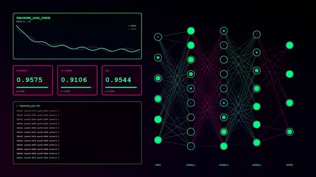 Complex AI integration manifesting as dynamic neural network data visualizations flickering across digital screens. Shows evolving machine learning metrics and deep learning training patterns.