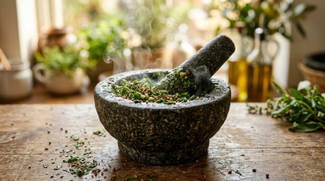 Stone mortar with crushed herbs on rustic table