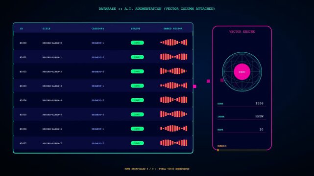 A digital AI Integration Process sequence shows live database row updates as complex vector patterns generate within a glowing holographic dashboard interface during high speed computation
