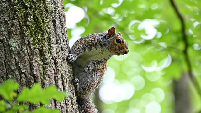 A curious grey squirrel clings to a textured tree trunk, looking around cautiously amidst a soft-focus background of vibrant green forest leaves and bokeh.