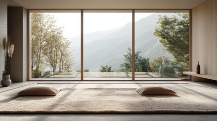 Fototapeta premium Minimalist room with large window overlooking mountains and nature