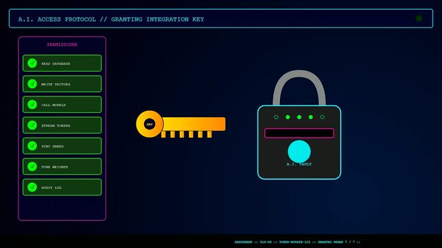 A digital AI Integration Process sequence shows a virtual security lock accepting a glowing gold authentication key to activate multiple system permission layers for secure access