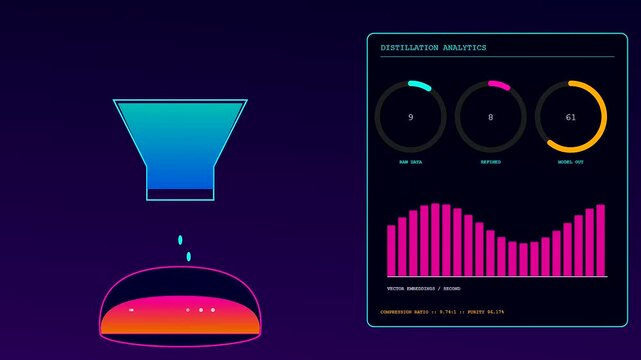 High-tech AI Integration display showing complex digital data flowing through abstract funnel systems. Represents efficient computational refinement and automated intelligent information processing.