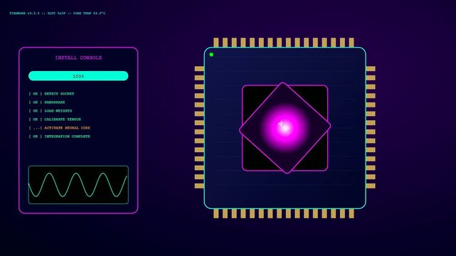 A digital AI Integration Process sequence shows a glowing core element being installed and calibrated into a central computer processor chip for advanced hardware system upgrades