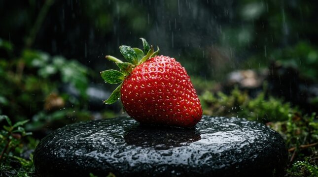 Fresh strawberry on wet rock in forest setting