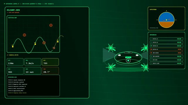 Complex AI Integration sequences demonstrating autonomous drone flight navigation telemetry interfaces. Shows real-time sensor data streams and tactical mission parameters within a control system.