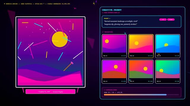 Observing the digital AI Integration through a creative engine interface generating stylized mountain landscape graphics. Displays evolving progressive steps within a dark virtual environment.