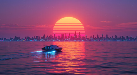 Obraz premium Sunset over city skyline with boat silhouette