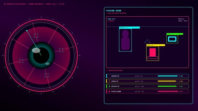 Sophisticated AI Integration display showcasing high-tech ocular sensors monitoring dynamic entities through an advanced cybernetic digital interface. Features precise scanning and data analytics.