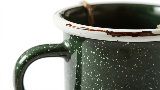 Enamel mug for outdoor entertaining and camping lifestyle photography on white