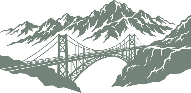 High tower suspension bridge against a snowy mountain peak backdrop